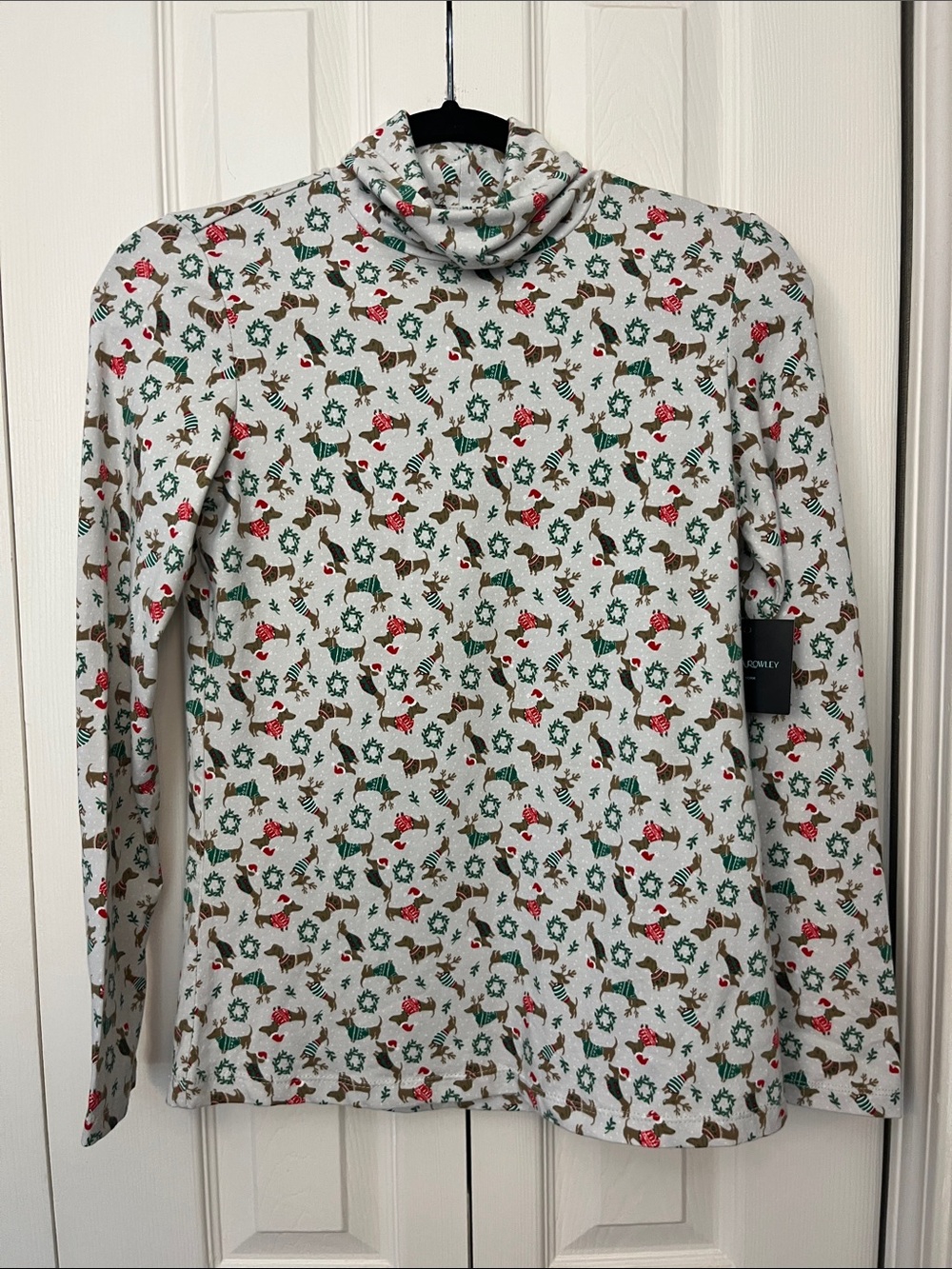 Cynthia Rowley White Holiday Dashounds Turtleneck Long Sleeve Top
